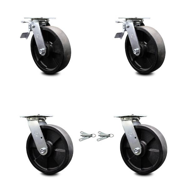 8 Inch Glass Filled Nylon Caster Set with Ball Bearings 2 Brakes 2 Swivel Locks